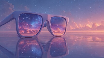 Obraz premium Cosmic Vision Through Sunglasses: Starry Sky Reflected in Lens Over Serene Water — Dreamy Twilight Scene