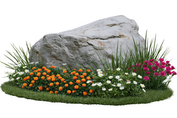 Large grey boulder with vibrant orange white and pink flowers, isolated on transparent background © Emilia