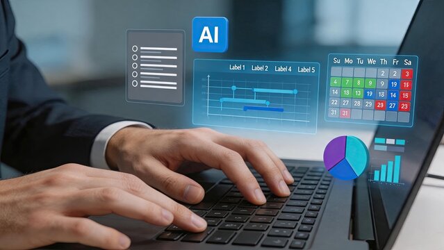 Artificial intelligence and big data analysis concept, hands typing on laptop keyboard with holographic charts graphs calendar, AI machine learning technology, business statistics