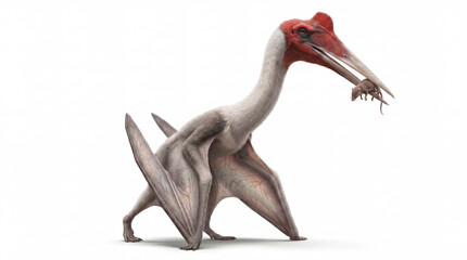 Fototapeta premium Realistic depiction of Quetzalcoatlus northropi holding a small mammal in its beak, showing predatory behavior of a giant prehistoric pterosaur isolated on white background.