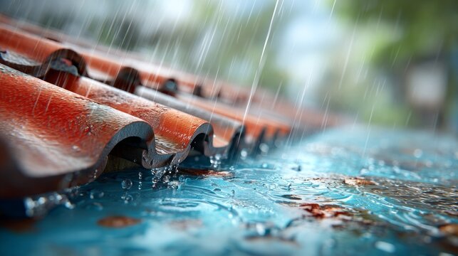 Water Pouring from Uneven Roof Tiles onto Patchwork Surface Below