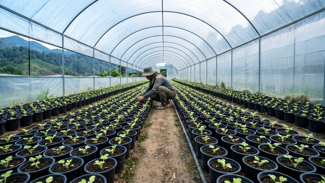 Strawberry Seedlings in Greenhouse Nursery, Highland Southeast Asia, Polytunnel, Farm Worker, Agricultural, Organic Growing, Asia