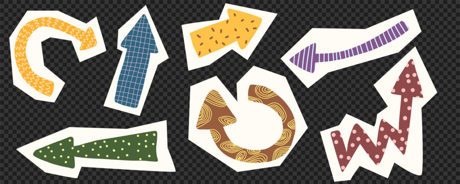 Hand drawn  arrows. Retro isolated social media stickers. Paper clippings.