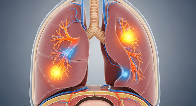 Human lungs with highlighted blood vessels and airways