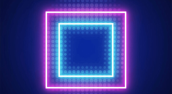 Abstract background featuring two nested glowing neon squares in pink and cyan light, centered over a dark blue backdrop with a halftone circular dot pattern texture.