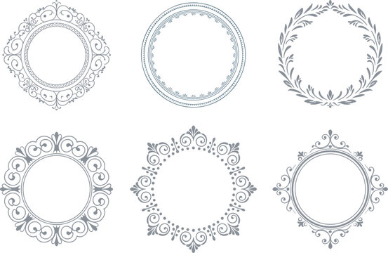 Vintage, ornate, circular, frame, collection, vector, set, decorative, border, luxury, antique, elegant, floral, laurel, wreath, filigree, mandala, ornament, scroll, design.