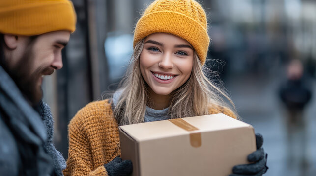 Delivery man handing a cardboard parcel box to a smiling young woman at her front door.