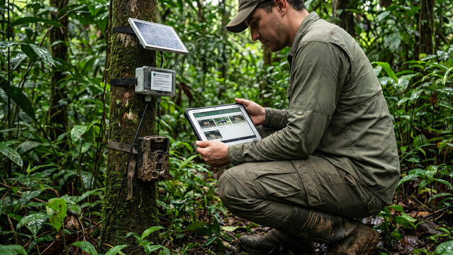 Male Wildlife Conservation Researcher with AI Camera-Trap Unit and Tablet Showing Species Classification in Tropical Forest, AI in Conservation, Wildlife Monitoring