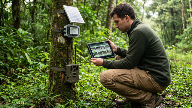 Male Wildlife Conservation Researcher with AI Camera-Trap Unit and Tablet Showing Species Classification in Tropical Forest, AI in Conservation, Wildlife Monitoring
