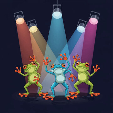 Vector illustration of three cartoon tree frogs dancing on a dark stage illuminated by five colorful spotlights in red, yellow, blue, cyan, and purple on a black background.