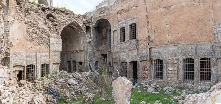 Ruins of the Old City quarter of Mosul showing damaged historic buildings and streets, Iraq