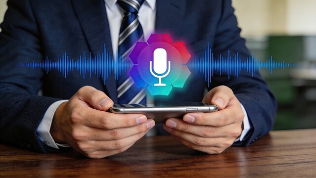 Businessman in suit holding smartphone with voice recognition icon and audio waveform, sound recording, dictation, podcast, voice command, digital assistant technology,