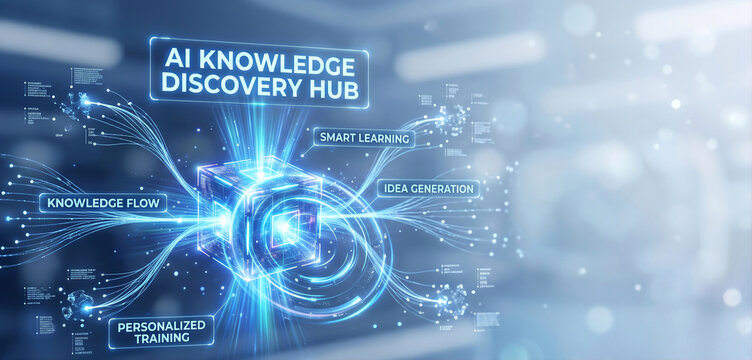 Futuristic AI knowledge discovery hub interface with neural network visualization, Advanced concept of artificial intelligence, machine learning, big data analytics, digital transformation