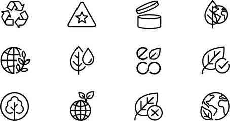 Eco Friendly and Sustainable Lifestyle Line Icon Set Featuring Recycling Organic Nature and Environmental Protection Symbols © PUTUL