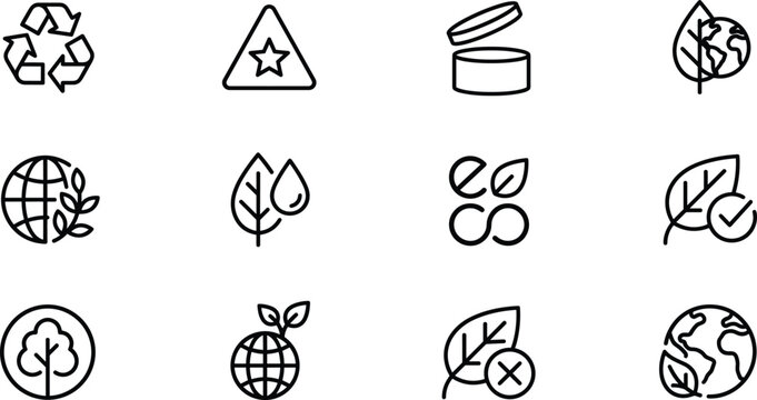 Eco Friendly and Sustainable Lifestyle Line Icon Set Featuring Recycling Organic Nature and Environmental Protection Symbols