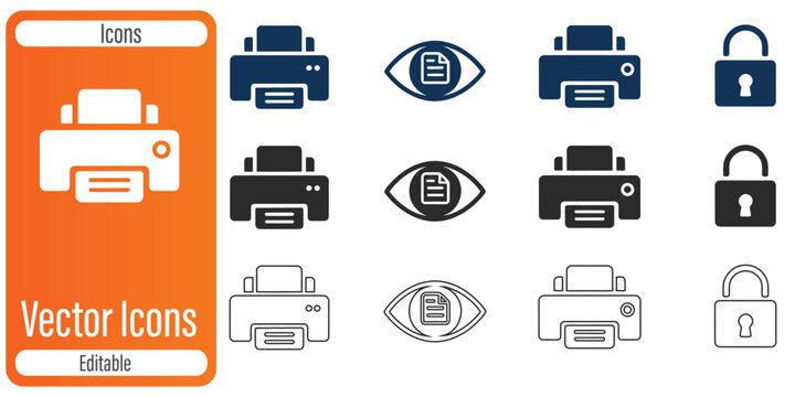 office printer vector icons collection featuring printing devices, eye visibility symbols and secure padlock protection elements isolated modern business design set