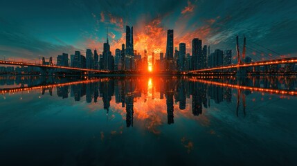 Naklejka premium Modern city skyline reflecting in calm river water during a dramatic sunset featuring cinematic long exposure for urban development marketing