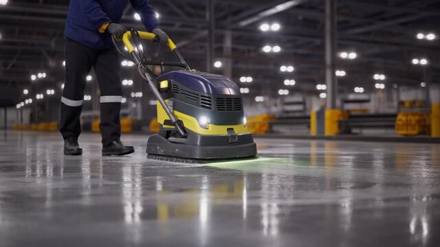 A worker operates a professional floor cleaning machine on a polished concrete floor in a large industrial warehouse.