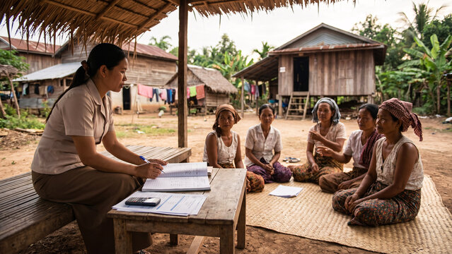 Microfinance Loan Officer Meeting with Rural Village Women at Outdoor Wooden Table, Financial Inclusion, Community Lending, Southeast Asia, Rural Economy