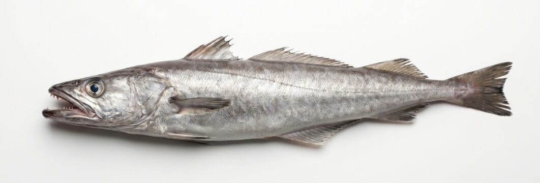 Whole fresh hake fish isolated on white background.