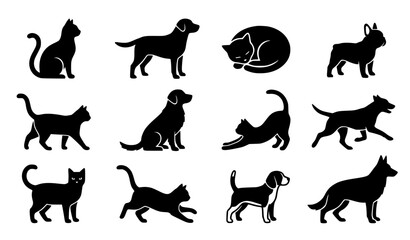Fototapeta premium Cat and Dog Silhouette Icon Set Black White Pet Vector Collection
