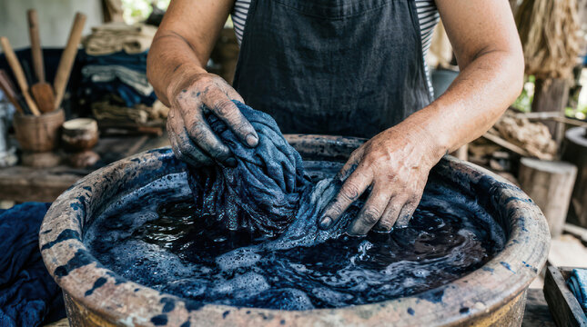 Indigo Dyeing Process Hands Immersing Fabric in Natural Dye Vat.