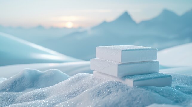 White podium blocks resting on glittering snow in an alpine mountain landscape at sunrise with soft bokeh for winter skincare product marketing