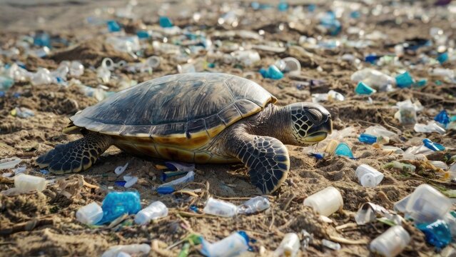 A Sea Turtle&rsquo;s Plight: A sea turtle navigates a beach strewn with plastic debris, highlighting the urgent need for environmental conservation. This image portrays the harsh reality of pollution.