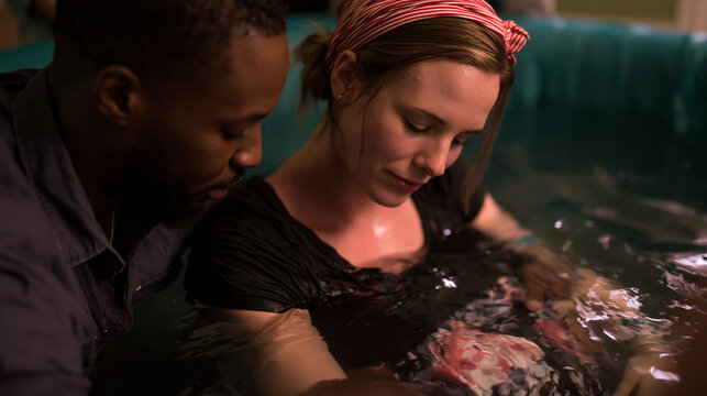 Water Birth Serenity: Midwife and Couple Embrace Newborn in Emotional Home Birth Experience