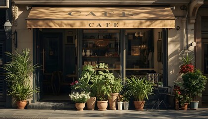 Obraz premium Cozy Sunlit Cafe Exterior with Beige Awning and Variety of Green Potted Plants Creating Warm and Inviting Atmosphere