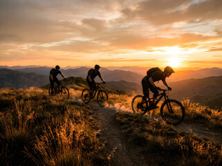 Naklejka premium Mountain bikers riding on a scenic trail at sunset in the mountains