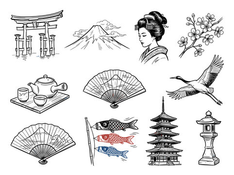 Ink pen sketch set of ten Japan travel icon, Mount Fuji, Torii gate, and Geisha, isolated on white background