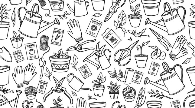 Gardening Doodle Pattern with Plant Care Outline Elements
