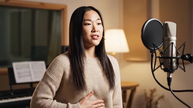 Singer performs in studio while sharing tips on vocal techniques and breathing exercises