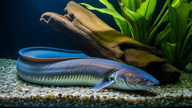 Freshwater bichir fish swimming in planted aquarium with natural habitat