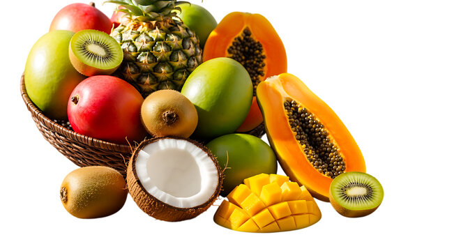 Assortment of fresh tropical fruits in a basket with stone fruit pome fruit exotic fruit tropical pineapple nutrition delicious vitamins refreshing foodstuff fresh produce