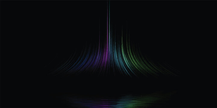 An abstract colorful rainbow background features a digital art pattern of dark and blue motion waves with vibrant light rays