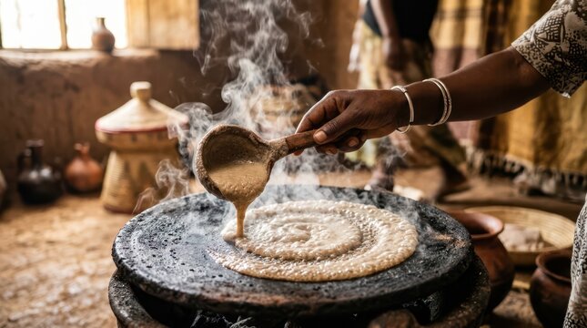 Traditional pouring of fermented teff batter to bake injera flatbread on a hot clay griddle in Ethiopia.