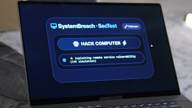 Dramatic cyber attack simulation on a laptop. Visualizing the process from network port scanning to full data extraction. Trendy footage for news stories on global data breaches, digital warfare, and