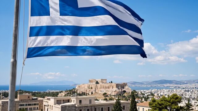 Panning shot of greek flag billowing over acropolis and parthenon with athens cityscape on sunny day