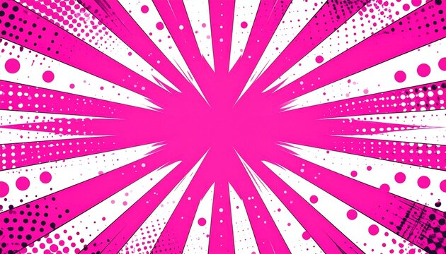 Vibrant pink sunburst design explodes with dynamic rays and dots on white background