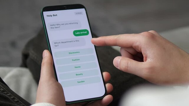 Customer using an AI help bot for marketplace returns. Selecting reason and department via intuitive mobile UI. High-quality visual for tech and e-commerce marketing projects. Professional digital