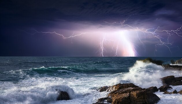 dramatic coastal landscape with crashing waves and lightning storm