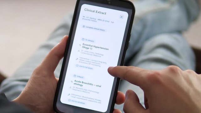 Reviewing clinical history on a smartphone. Hands scroll through medical records showing hypertension and bronchitis treatments. Perfect for telemedicine apps, patient portals, and digital health