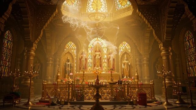 Intricately decorated Hindu mandir interior featuring golden deity statues and wisps of incense smoke during a sacred religious ceremony.