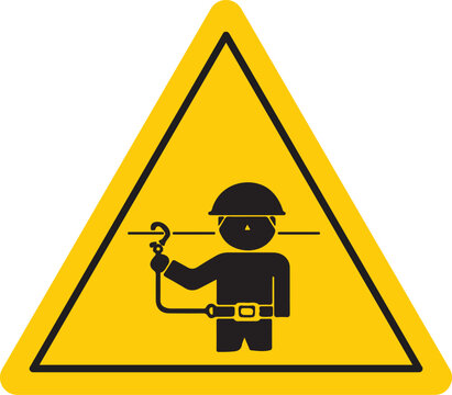 Warning sign for working at height with safety harness pictogram representing danger and caution for construction and industrial safety isolated on white