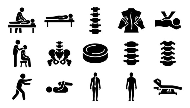 Chiropractic Treatment and Spine Therapy Silhouette Icons Set