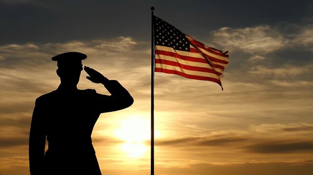 Silhouette of a soldier saluting the American flag at sunset with a golden sky view.