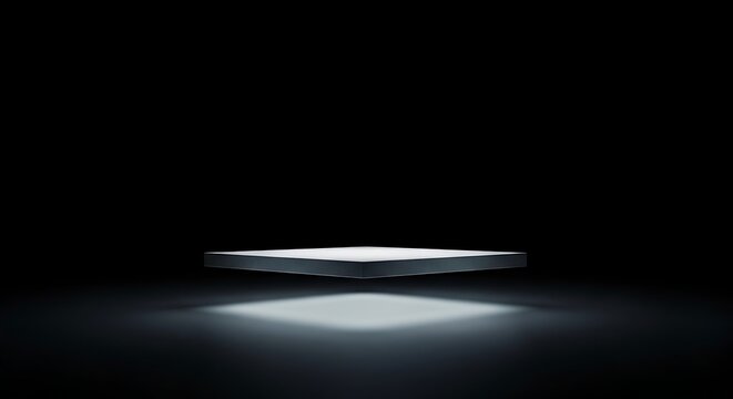 A minimalist, illuminated floating platform casting a bright reflection on a dark, reflective surface against a black background.