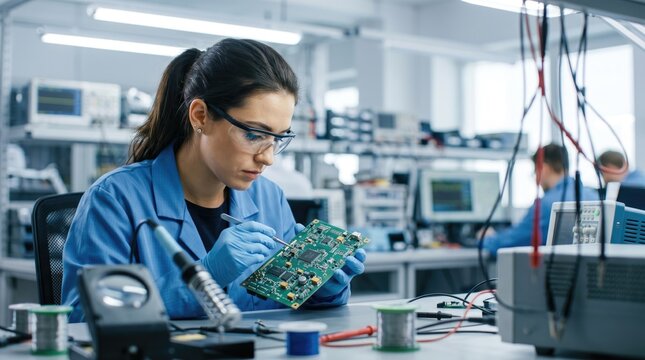 Female engineer carefully inspects a circuit board in a lab